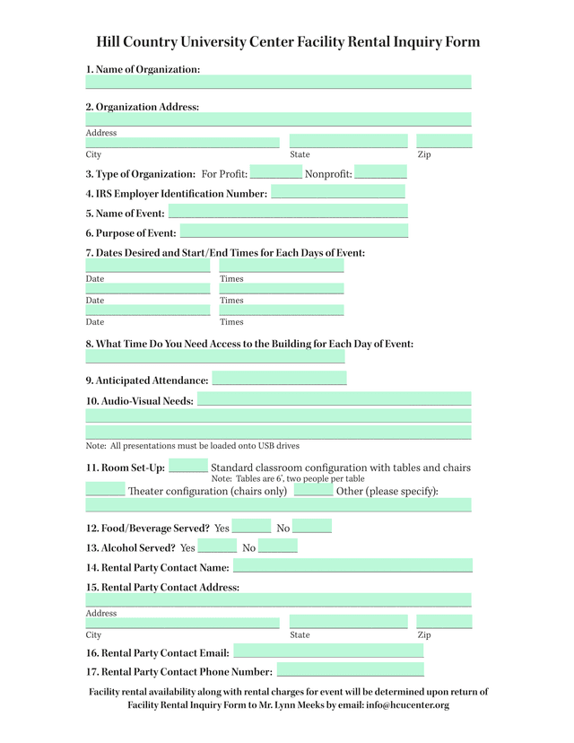 Hill Country University Center Facility Rental Inquiry Form screenshot