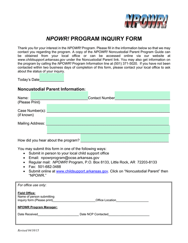 NPOWR Program Inquiry Form screenshot