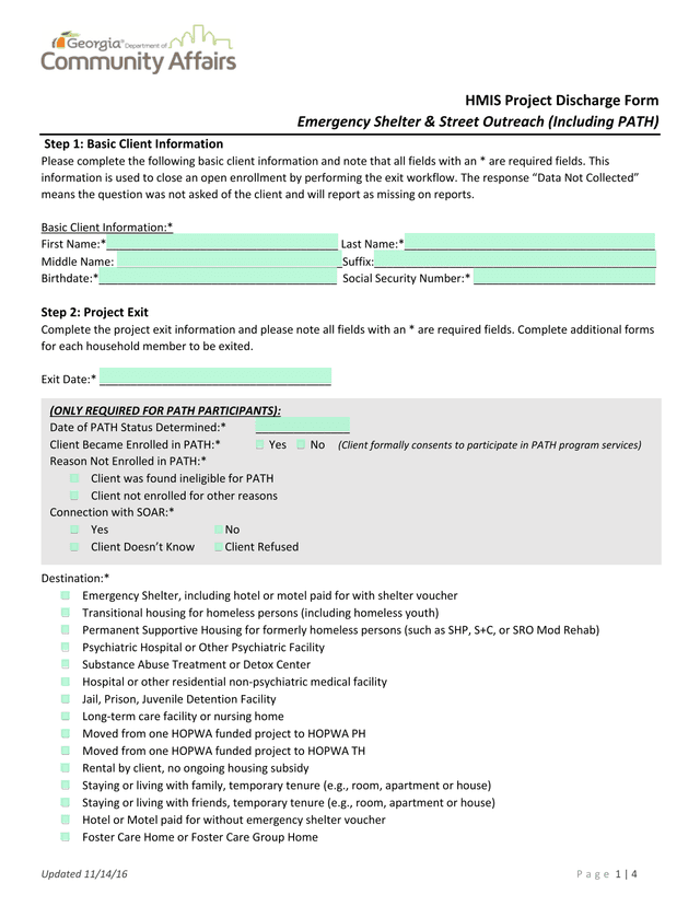 HMIS Project Discharge Form Emergency Shelter  Street Outreach (Including PATH) screenshot
