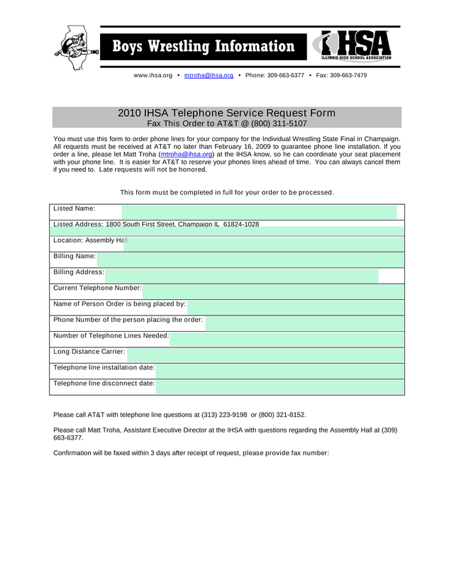2010 IHSA Telephone Service Request Form screenshot