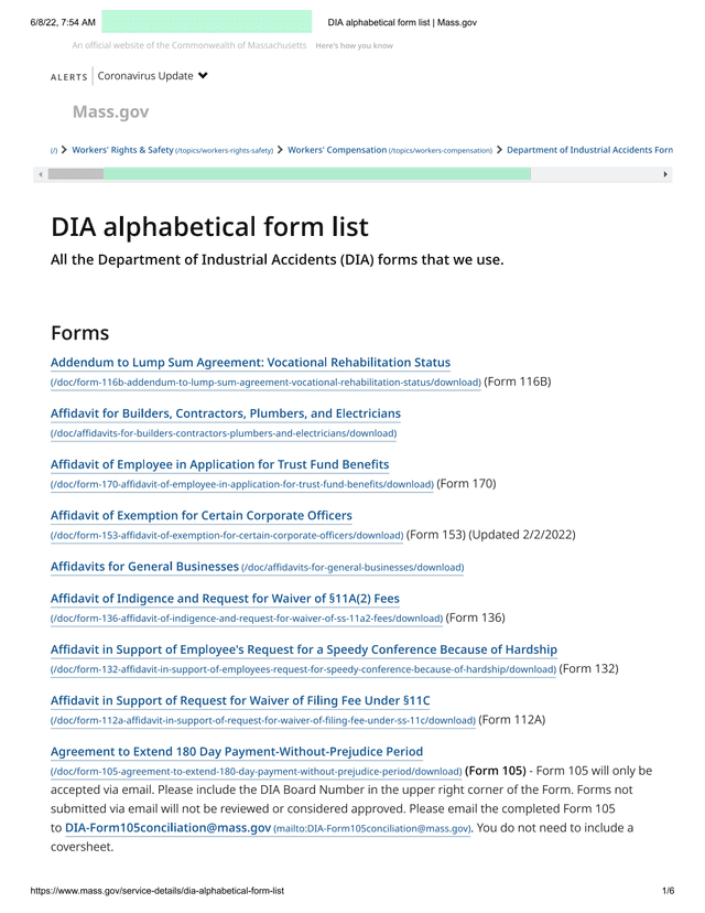DIA Alphabetical Form List screenshot