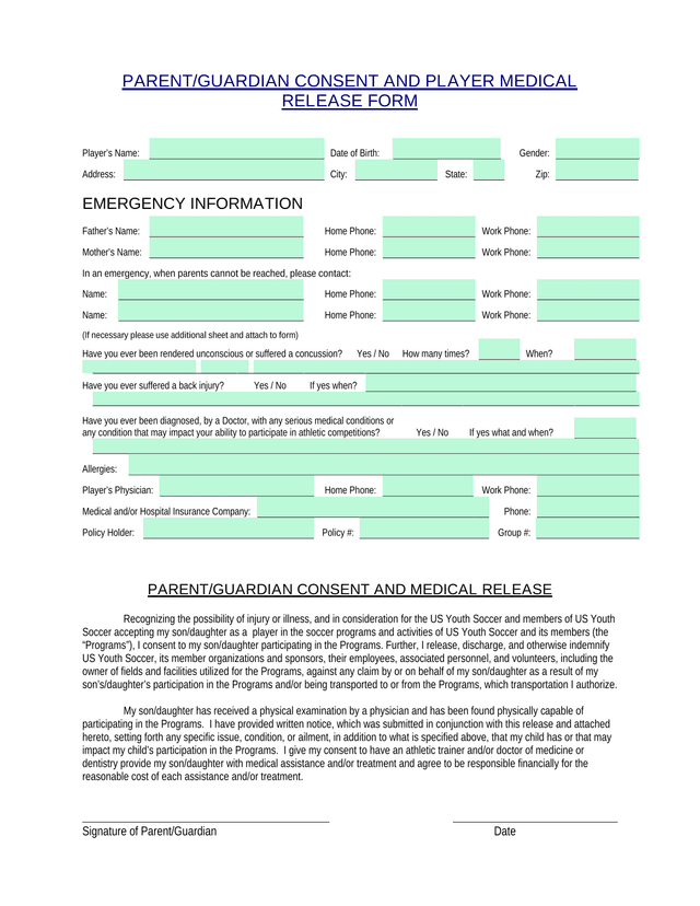 PARENTGUARDIAN CONSENT AND PLAYER MEDICAL RELEASE FORM screenshot