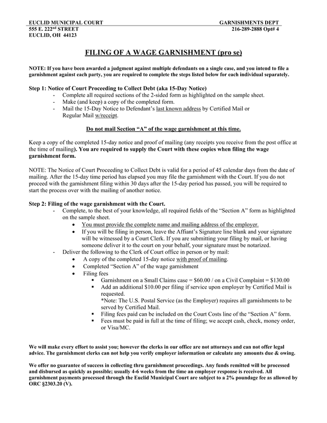 Filing Of A Wage Garnishment (Pro Se) screenshot