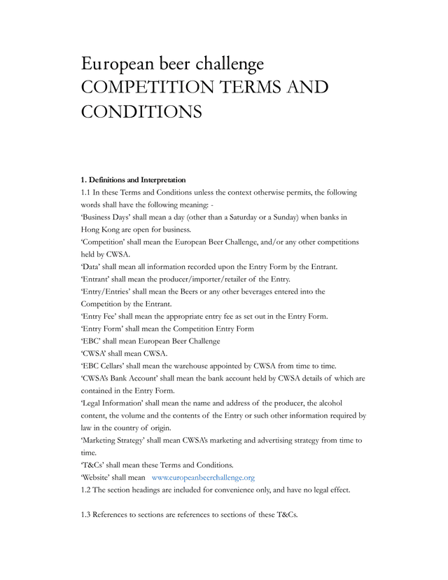 European Beer Challenge Competition Terms And Conditions screenshot