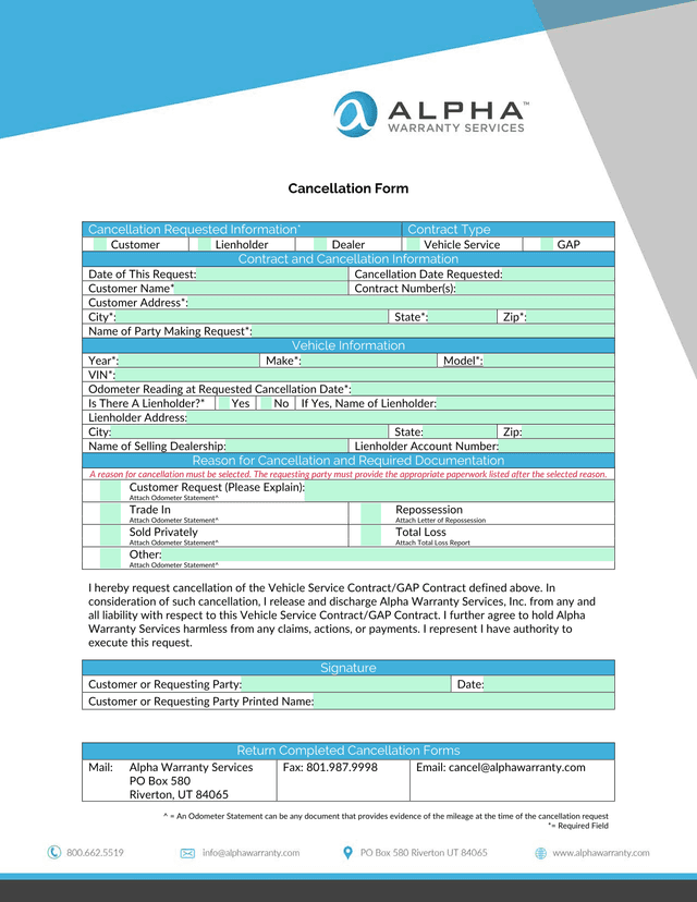 Cancellation Form screenshot