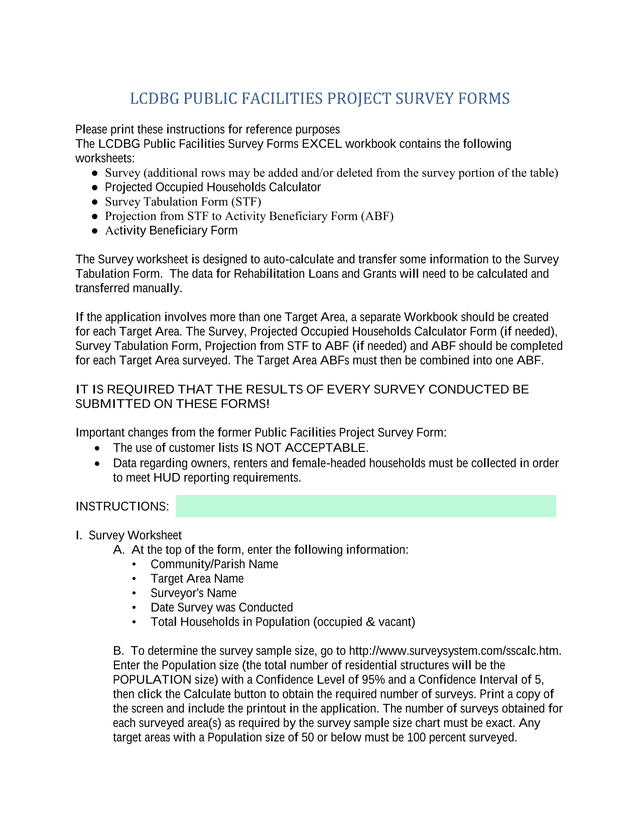 LCDBG PUBLIC FACILITIES PROJECT SURVEY FORMS screenshot