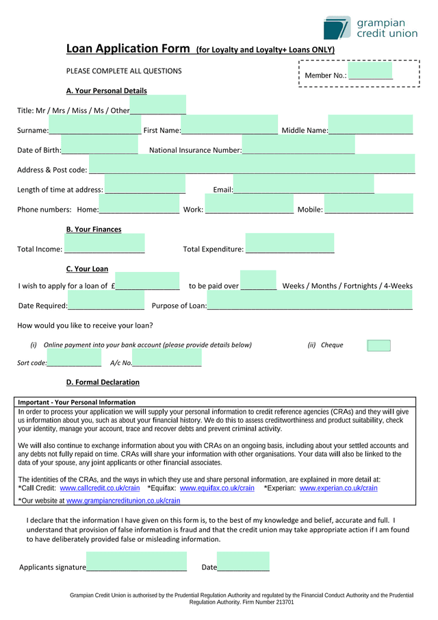 Loan Application Form (For Loyalty And Loyalty Loans ONLY) screenshot