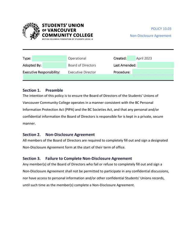 Policy 10.03 Non Disclosure Agreement screenshot
