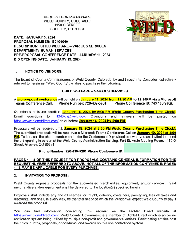 Request For Proposals Child Welfare  Various Services screenshot