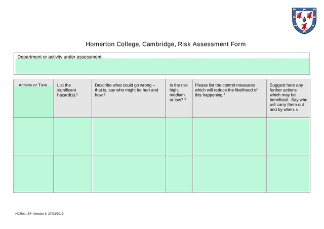 Homerton College, Cambridge, Risk Assessment Form screenshot