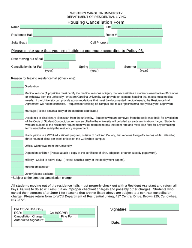 Housing Cancellation Form screenshot