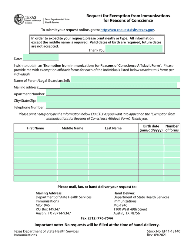 Request For Exemption From Immunizations For Reasons Of Conscience screenshot