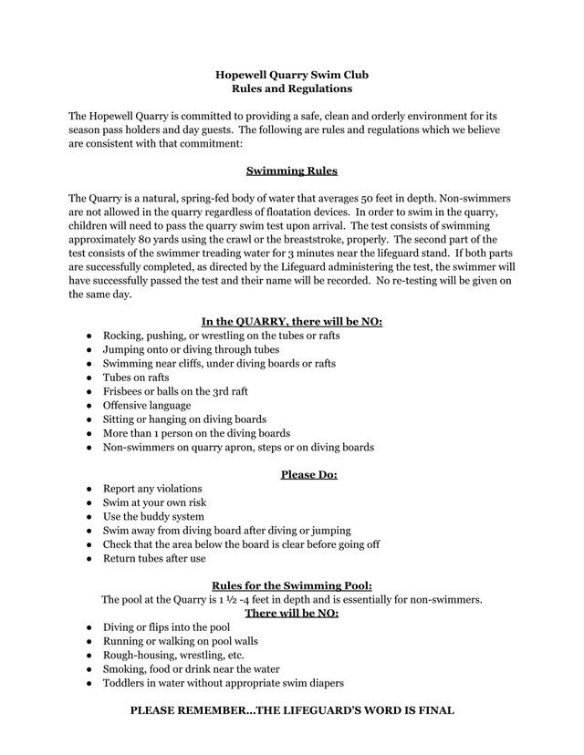 Hopewell Quarry Swim Club Rules And Regulations screenshot