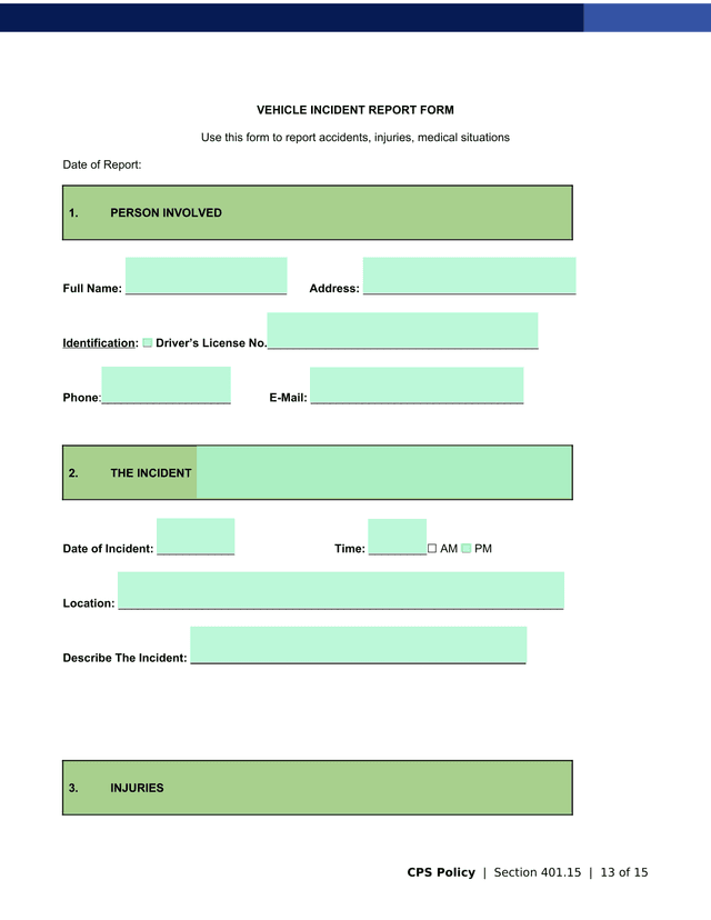 Vehicle Incident Report Form screenshot
