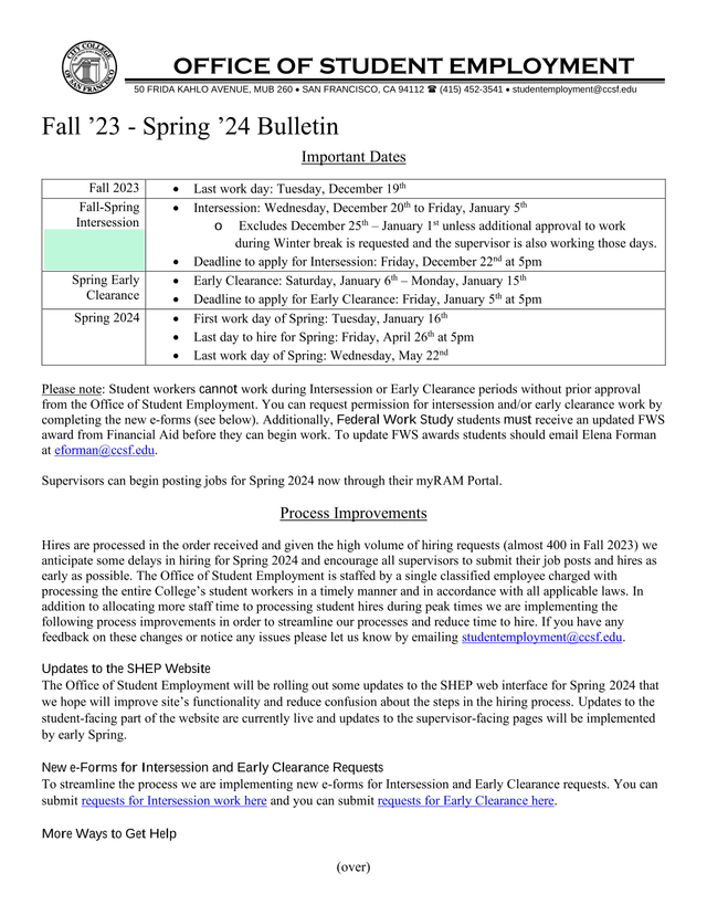 Fall 23   Spring 24 Student Employment Bulletin screenshot