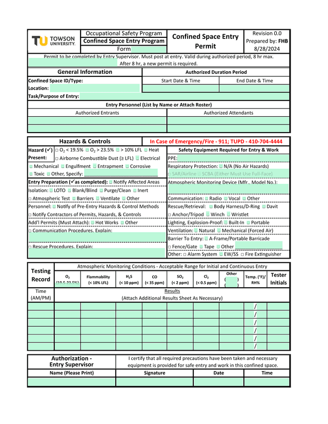 Confined Space Entry Permit screenshot