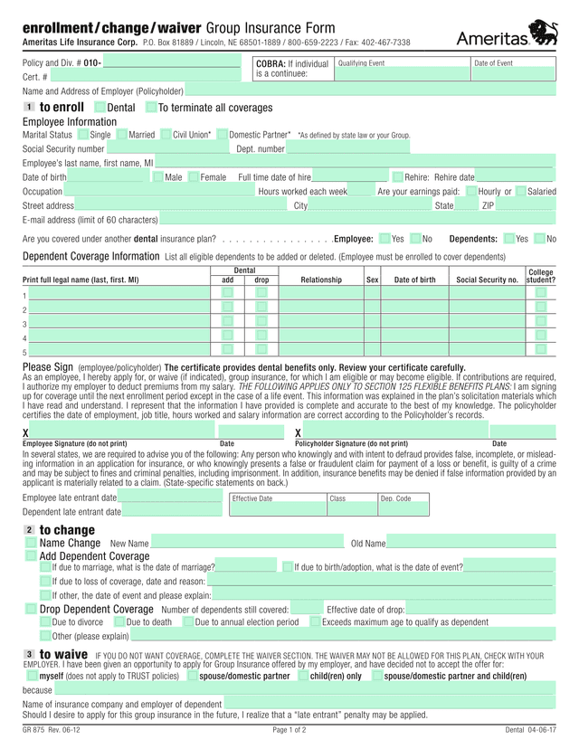 Enrollment  Change  Waiver Group Insurance Form screenshot