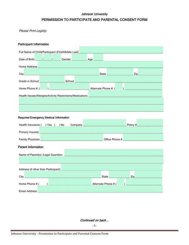 Johnson University   Permission To Participate And Parental Consent Form screenshot