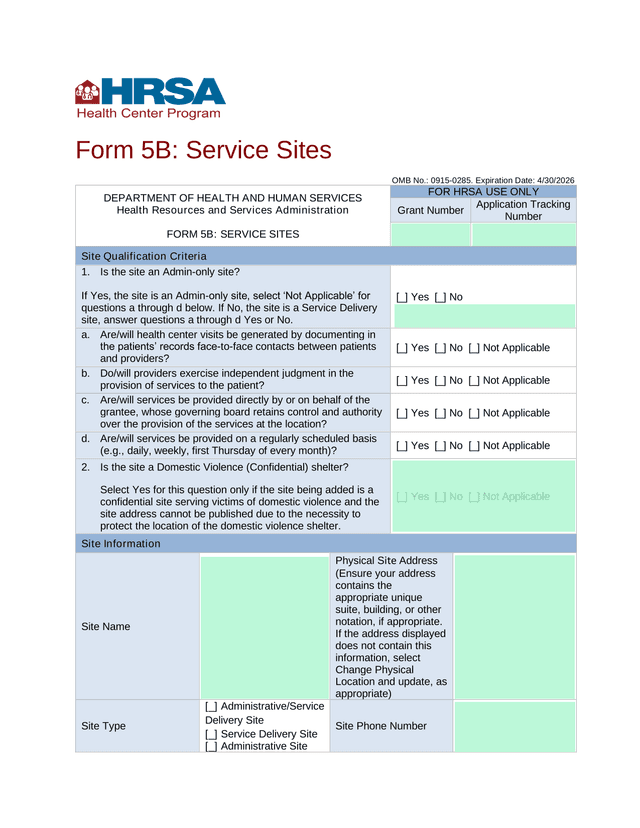 Form 5B Service Sites screenshot
