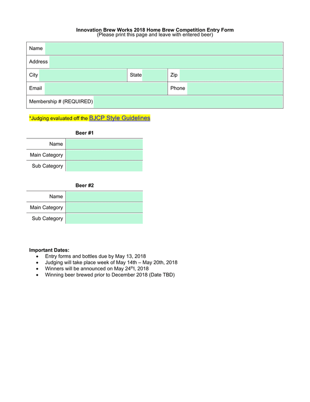 Innovation Brew Works 2018 Home Brew Competition Entry Form screenshot