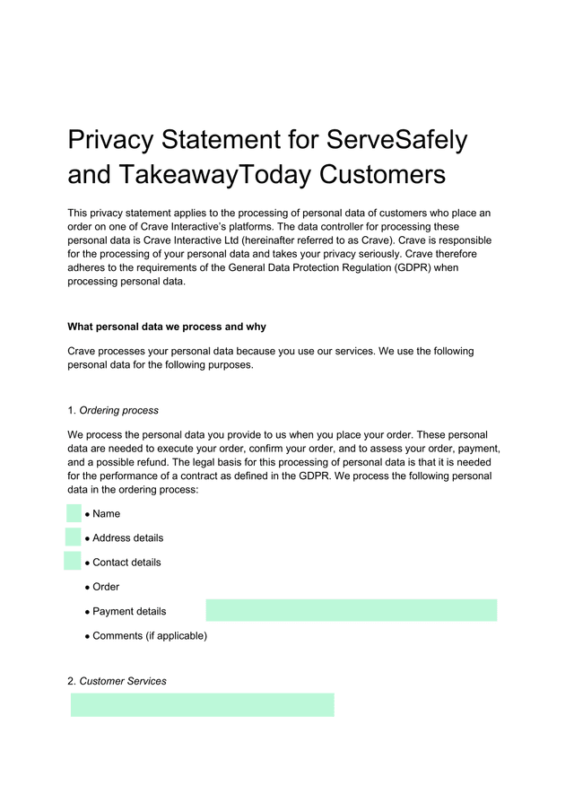 Privacy Statement For ServeSafely And TakeawayToday Customers screenshot