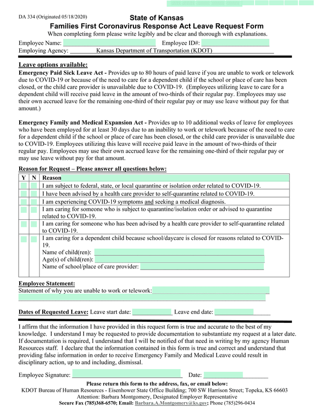 Families First Coronavirus Response Act Leave Request Form screenshot