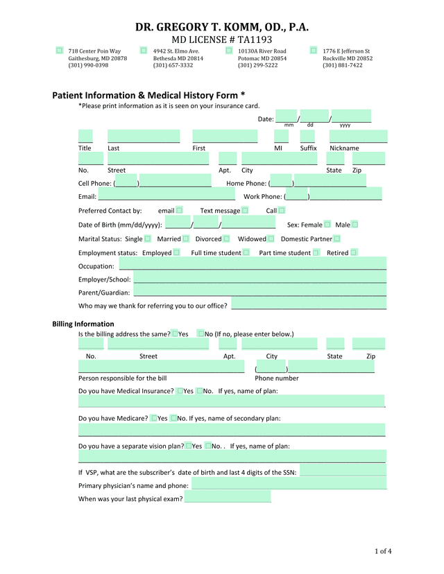 Patient Information  Medical History Form screenshot