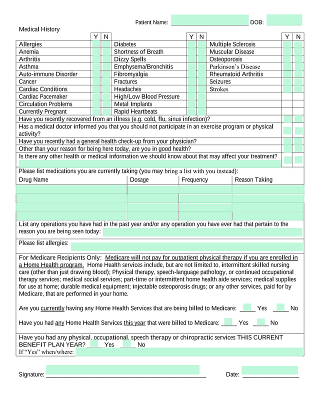 Medical History Form screenshot