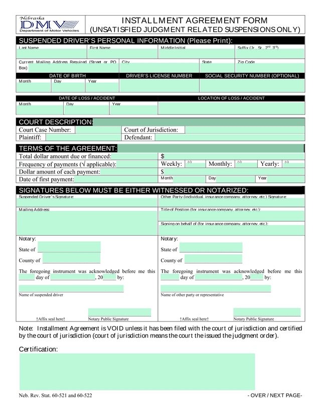 Installment Agreement Form (Unsatisfied Judgment Related Suspensions Only) screenshot