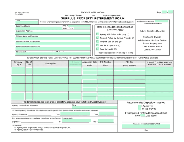 Surplus Property Retirement Form screenshot