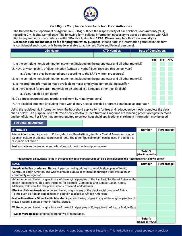 Civil Rights Compliance Form For School Food Authorities screenshot