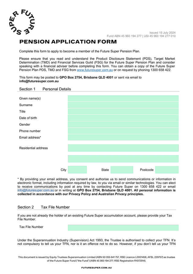 Pension Application Form screenshot