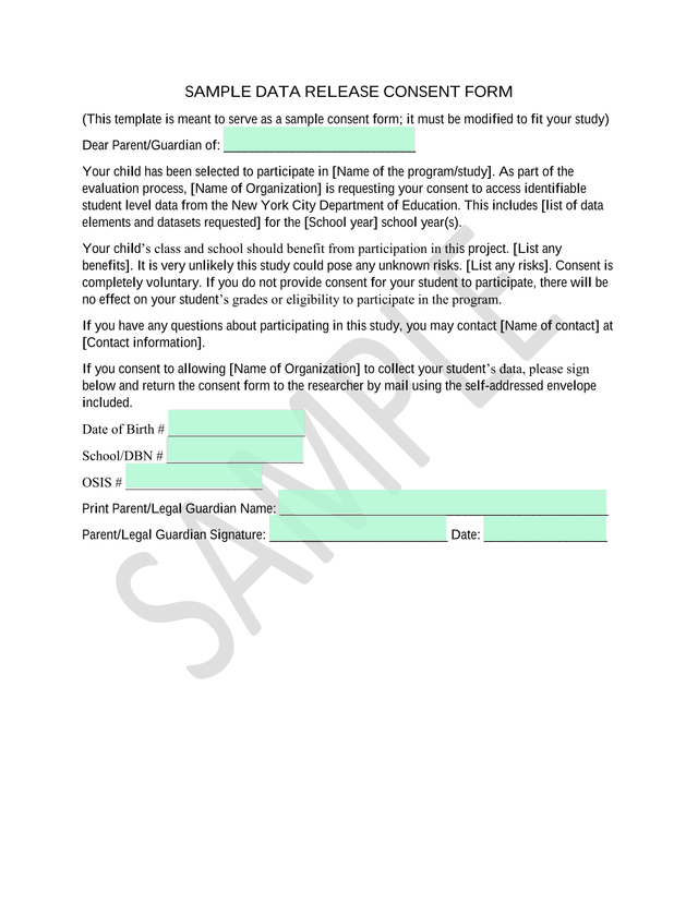 Sample Data Release Consent Form screenshot