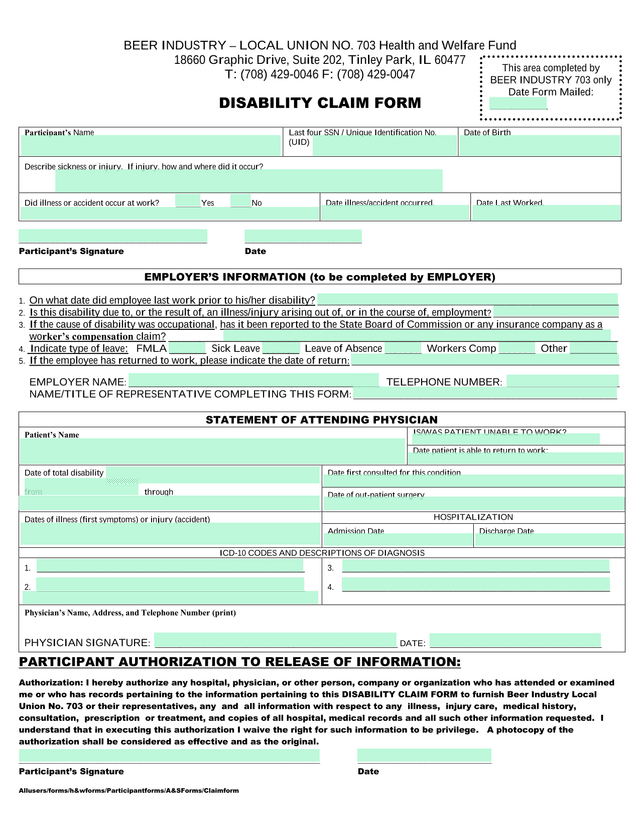 Disability Claim Form screenshot