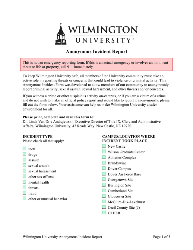 Wilmington University Anonymous Incident Report screenshot