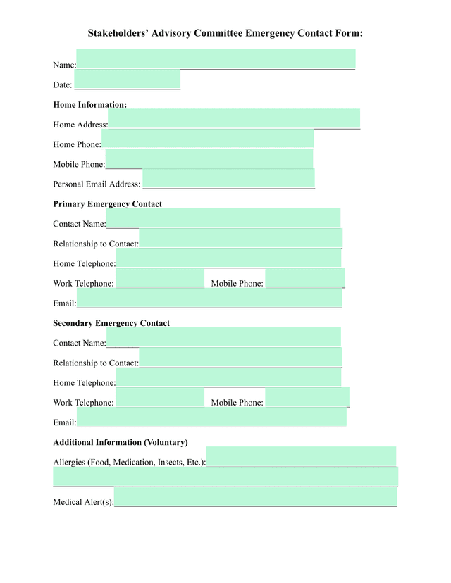 Stakeholders Advisory Committee Emergency Contact Form screenshot