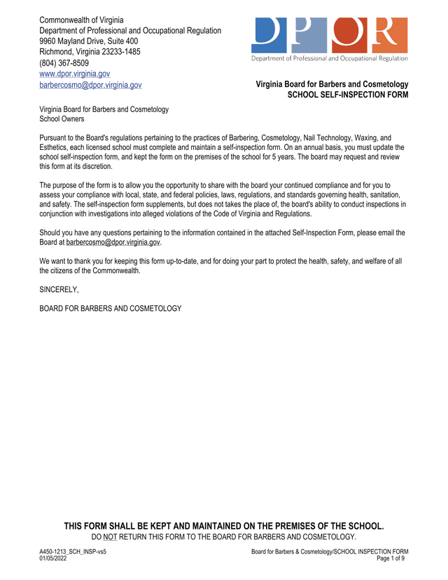 Virginia Board For Barbers And Cosmetology School Self Inspection Form screenshot