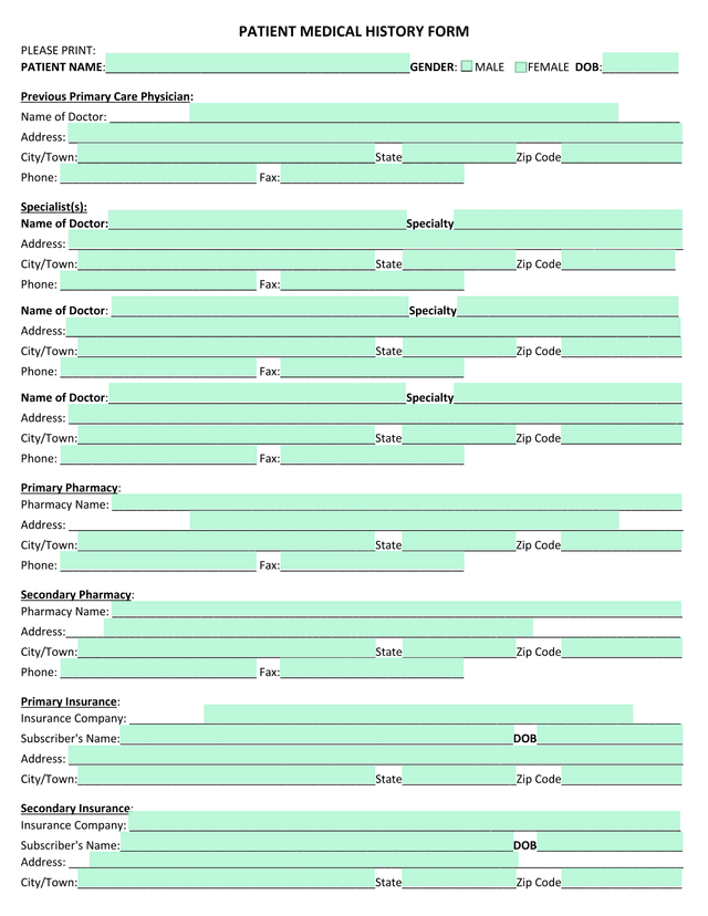 PATIENT MEDICAL HISTORY FORM screenshot