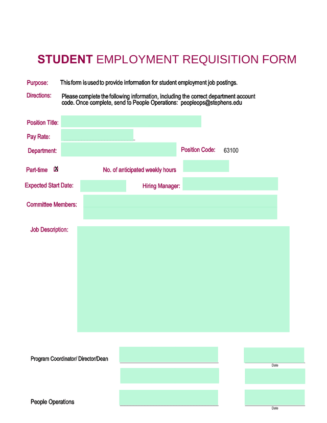 Student Employment Requisition Form screenshot