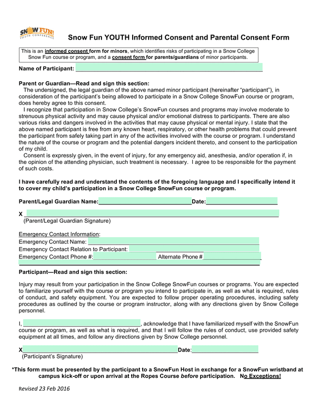 Snow Fun YOUTH Informed Consent And Parental Consent Form screenshot