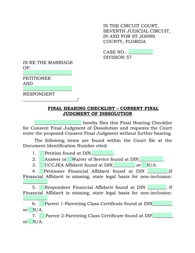 Final Hearing Checklist  Consent Final Judgment Of Dissolution screenshot