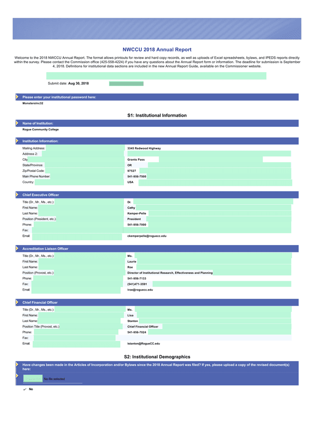 NWCCU 2018 Annual Report screenshot