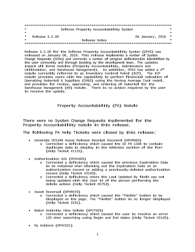 Defense Property Accountability System Release Notes screenshot