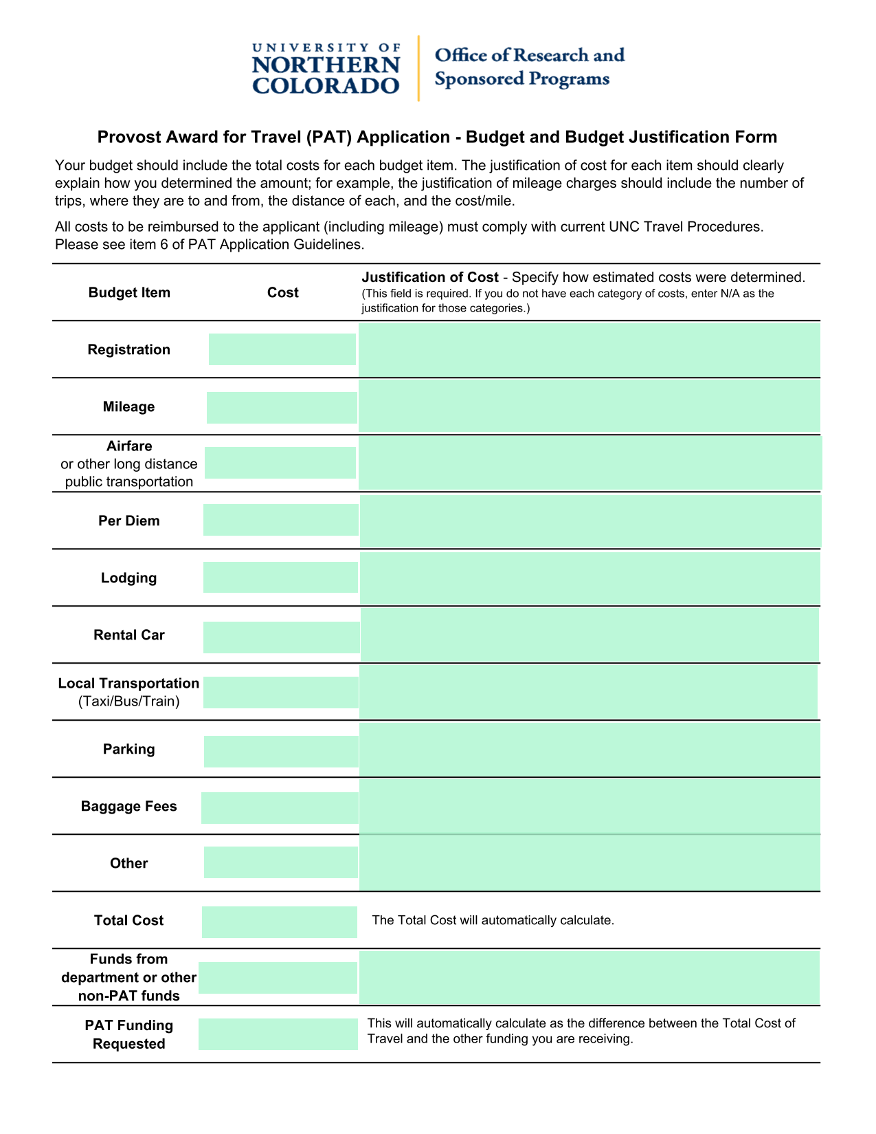 Provost Award For Travel (PAT) Application   Budget And Budget Justification Form screenshot
