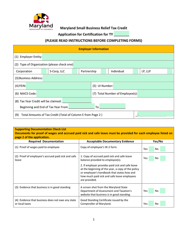 Maryland Small Business Relief Tax Credit Application For Certification screenshot