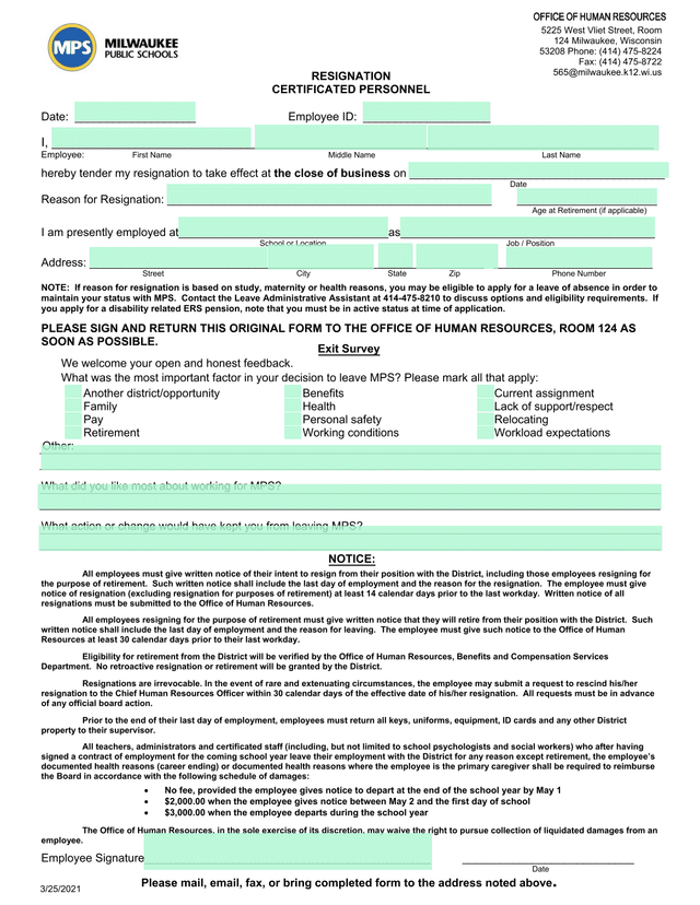 Resignation Certificated Personnel screenshot