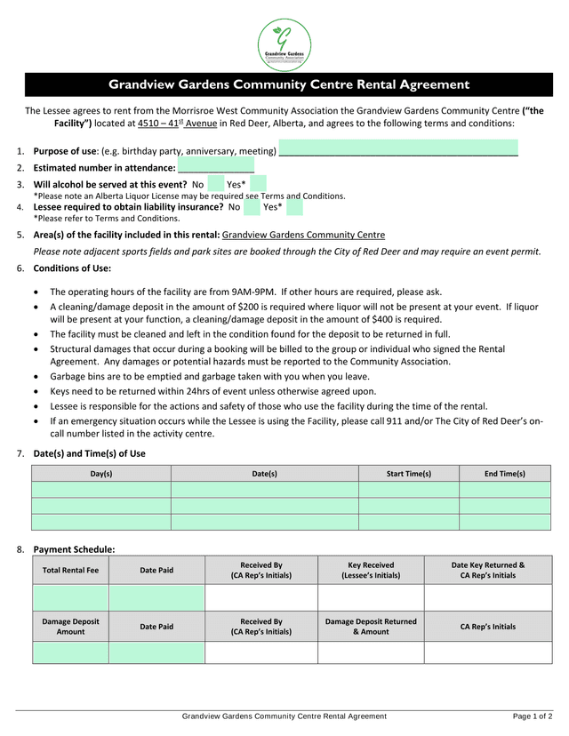 Grandview Gardens Community Centre Rental Agreement screenshot