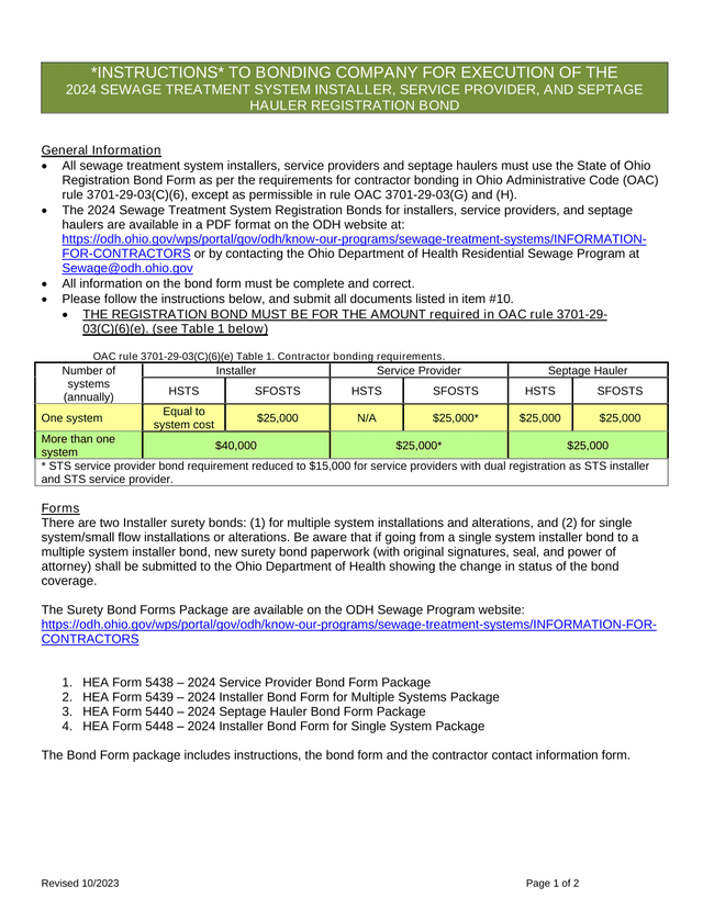 Instructions To Bonding Company For Sewage Treatment System Installer Registration Bond screenshot