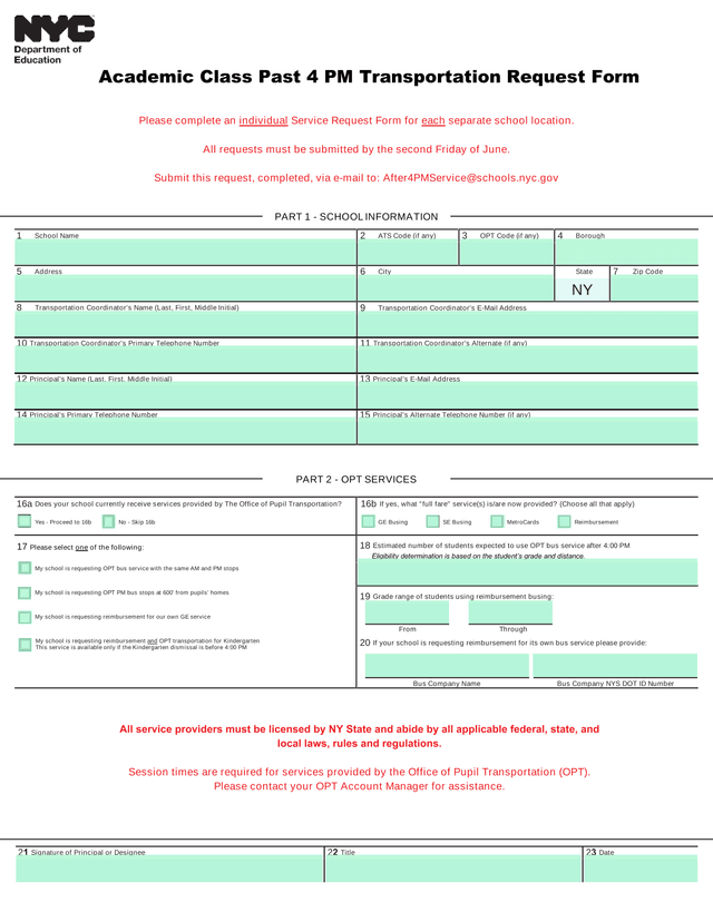Academic Class Past 4 PM Transportation Request Form screenshot