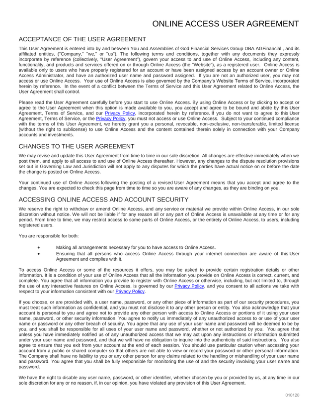 Online Access User Agreement screenshot